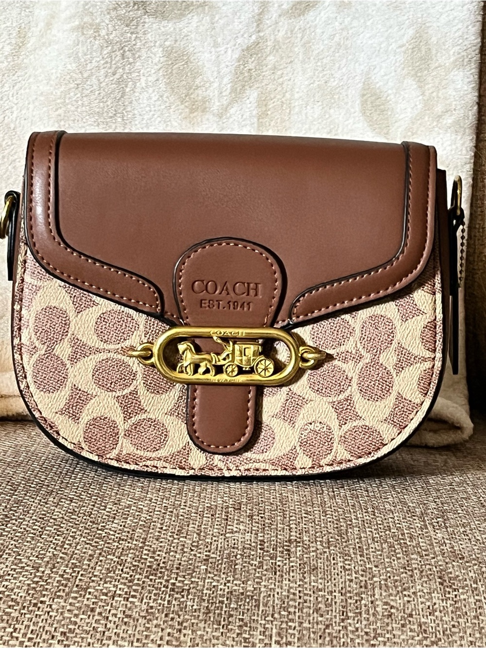 Coach Brown & Cream Signature Canvas Crossbody with Gold Turnlock